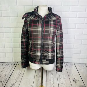 YMI Gray & Red Plaid Puffer Jacket w Fur Lined Hood - Small